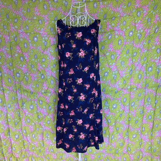 Vintage dress 90s cottage core blue floral sleeveless 1990s |S-M| tank midi pink rose R and K Originals