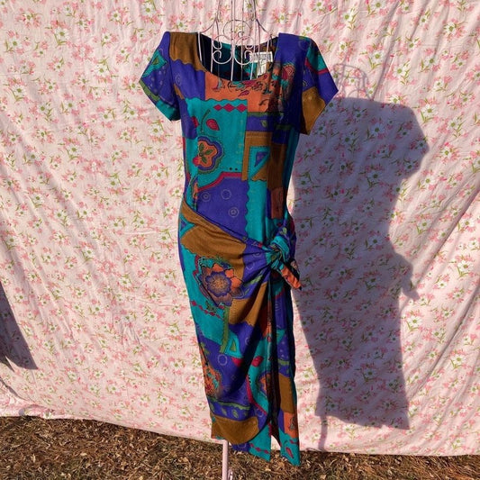 vintage 90s dress bold cottage core | S-M| midi 1990s   blue green orange  eclectic colorful Jessica Howard