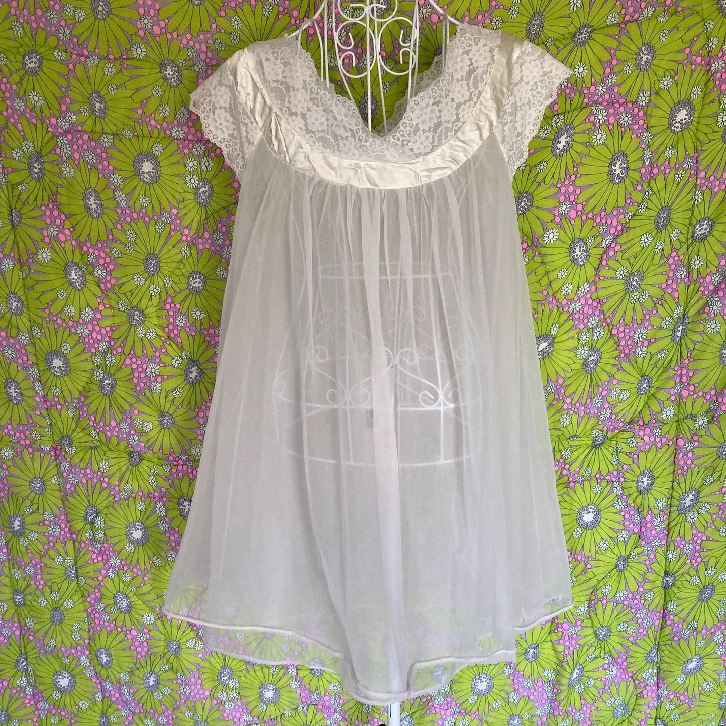 vintage 60s 70s  mesh and lace peignoir prairie robe chiffon lingerie nylon