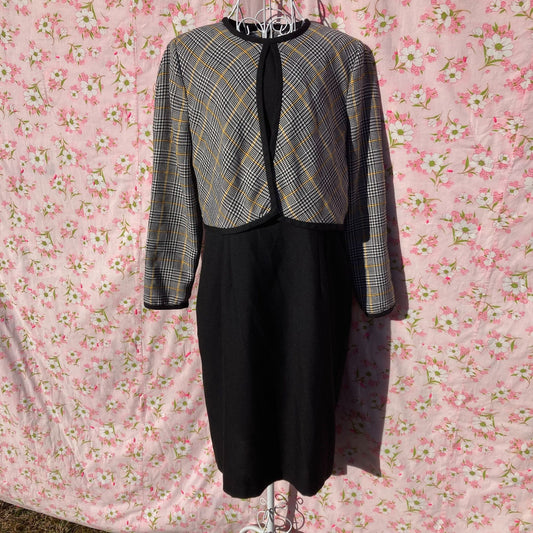 vintage dress 80s 90s | S-M | grey black yellow white houndstooth western farmcore 1990s Leslie Fay Petite Collection