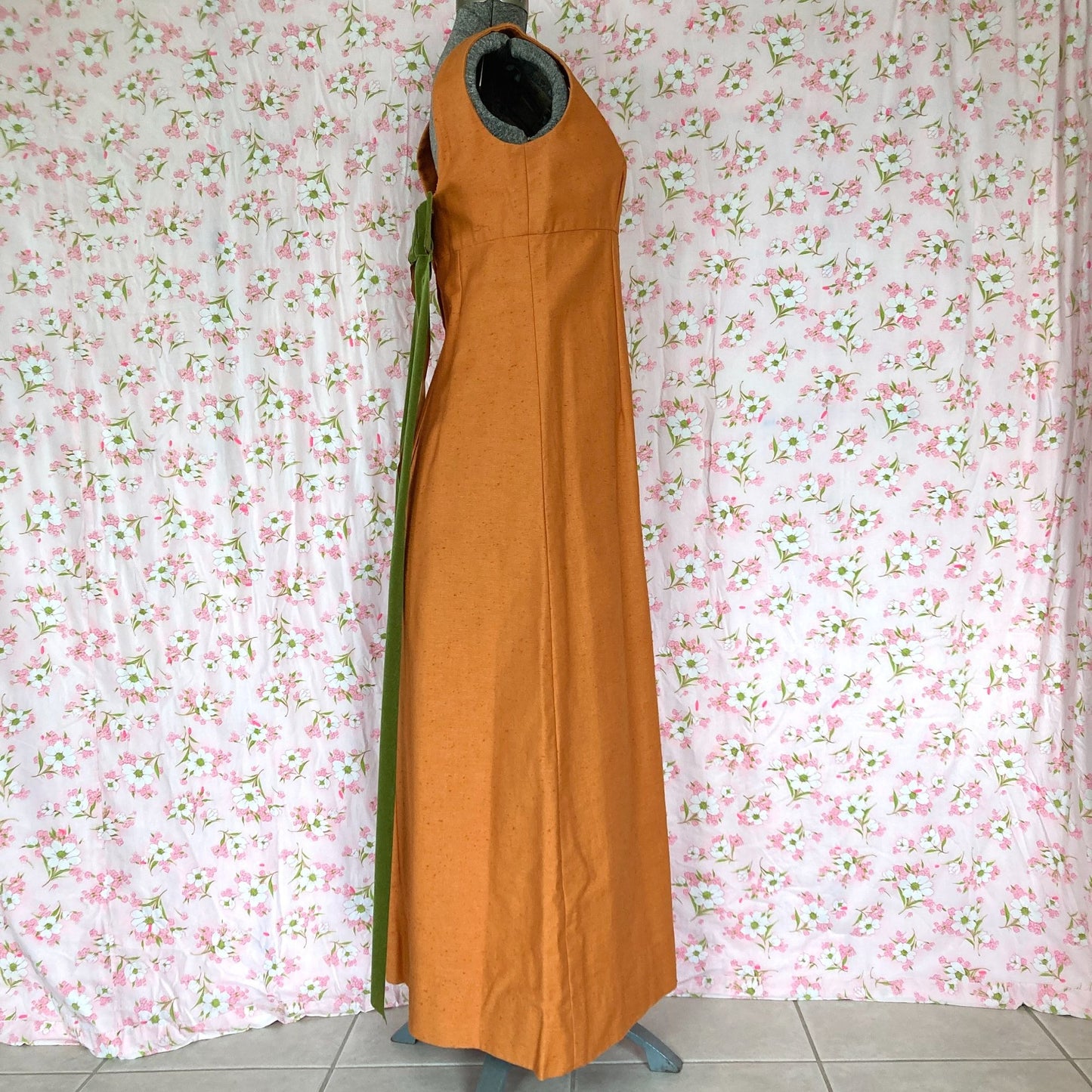 vintage 70s dress |S-M | sleeveless burnt orange  1970s hand made one of a kind rust olive green bow empire waist