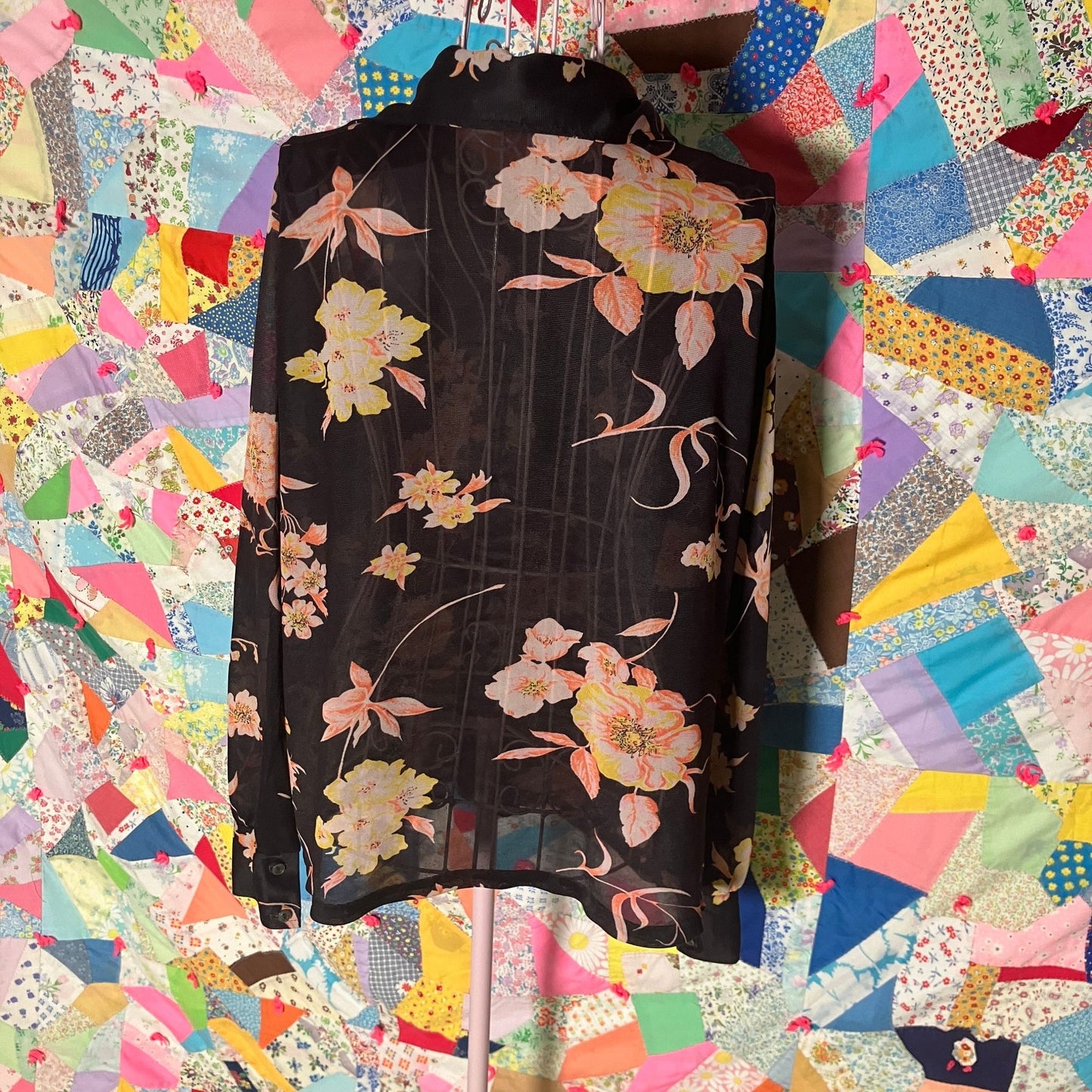 Vintage 60s 70s blouse shirt twin set | M | black floral sheer AS IS flawed 1970s collar collared