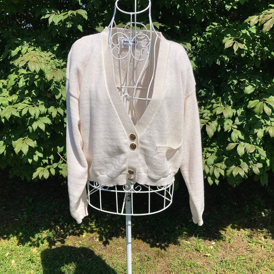 Vintage grandma cardigan sweater |M-L | 90s white oat cotton cottage v neck minimal cropped Big City