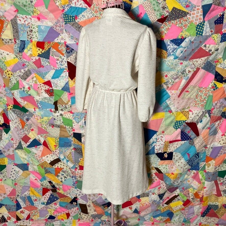 vintage 70s dress off white 1970s 1980s  | XS-S |  secretary textured Aygee ilgwu union made flax poly blend