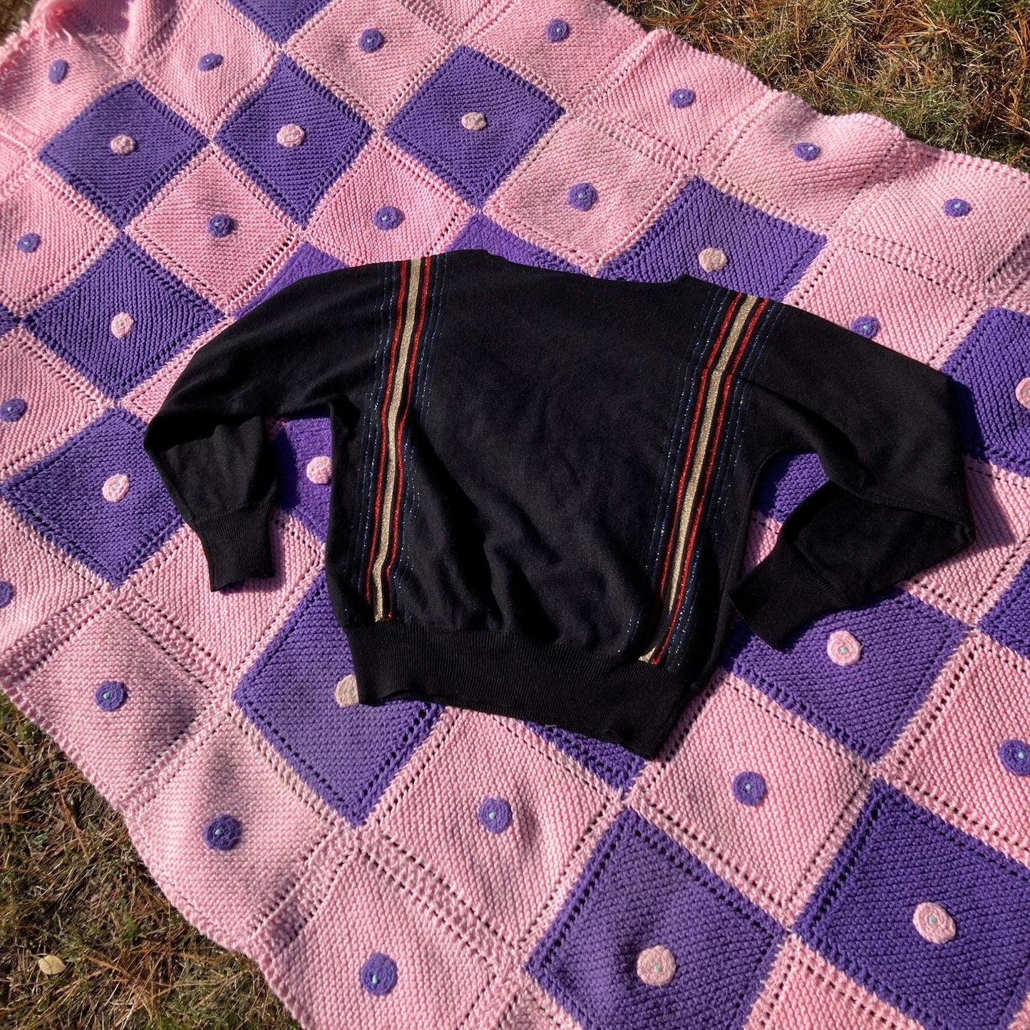 vintage 80s black sweater striped metallic sparkly gold red blue 1980s Liz Claiborne