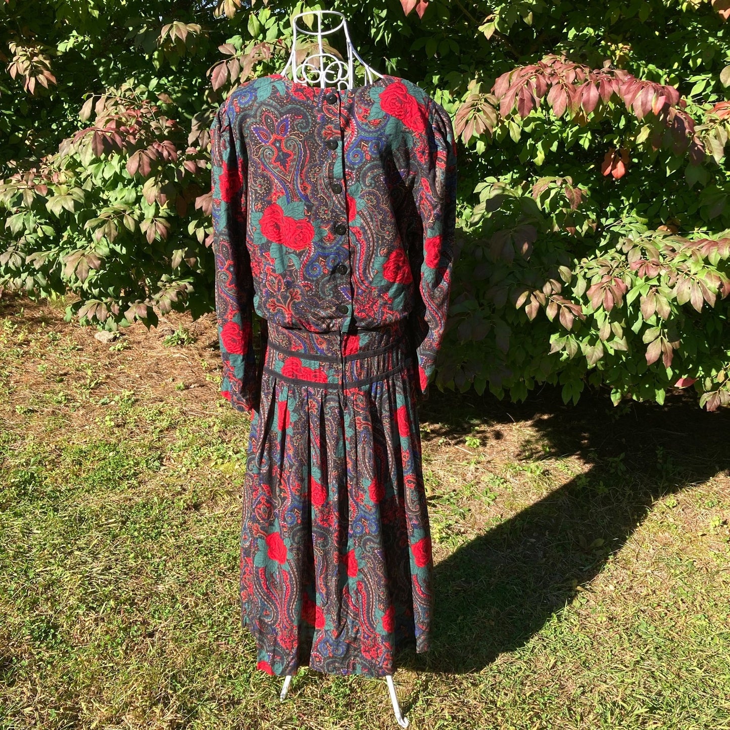 Vintage 80s dress paisley rose midi |  M | 1980s cottage dark floral western rayon John Roberts