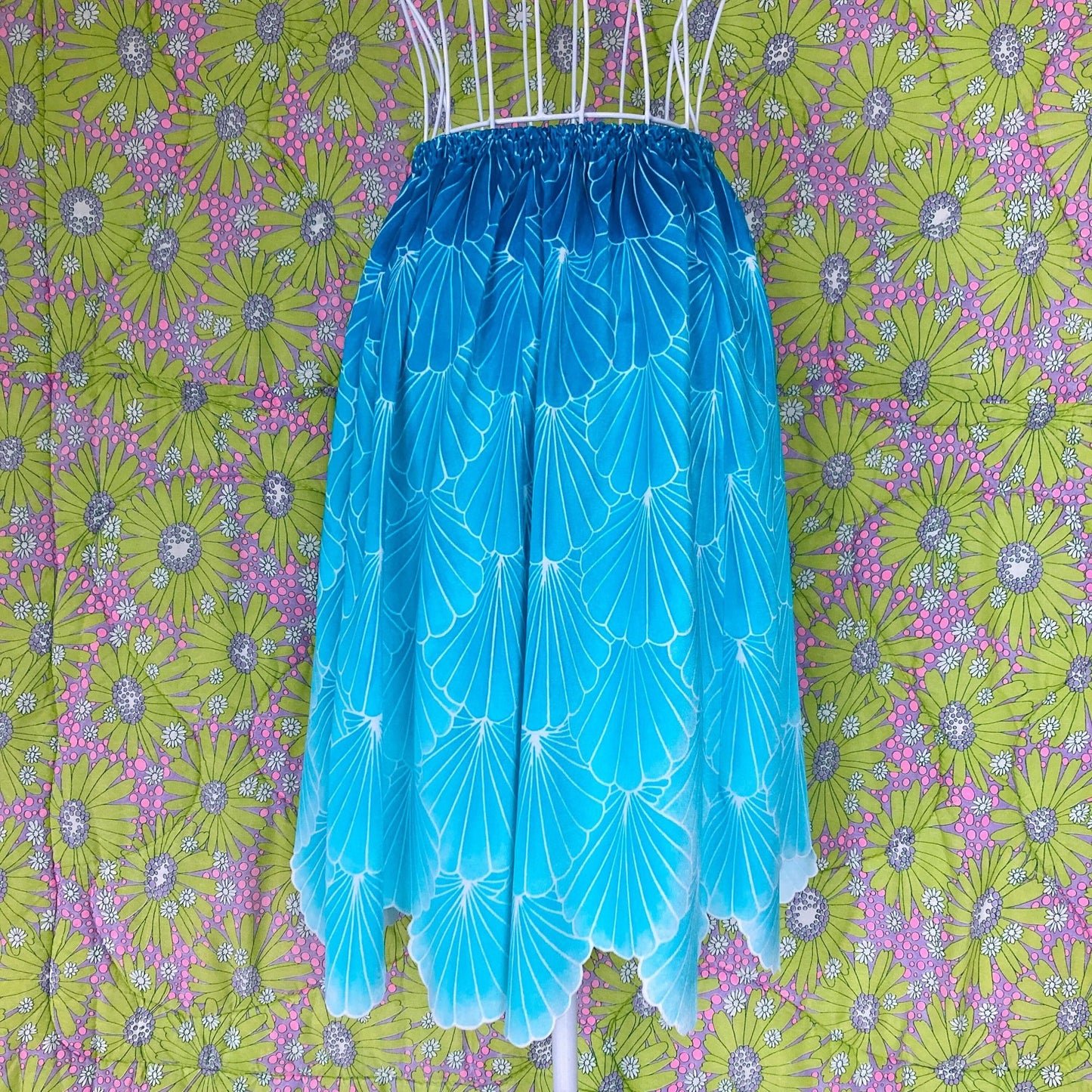 Vintage 70s skirt blue teal novelty shell print XS-M 1970s scallop swim beach DeWeese Design
