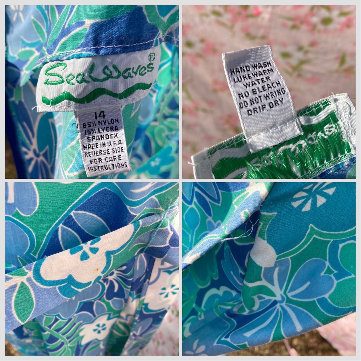 Vintage 70s dress blue teal floral print | M-L| 1970s floral swim beach Sea Waves