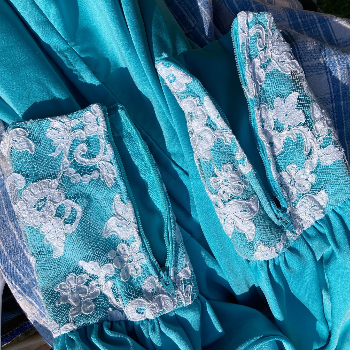 Vintage 70s prairie dress 1970s | S-M | pastel teal maxi balloon bishop sleeve lace