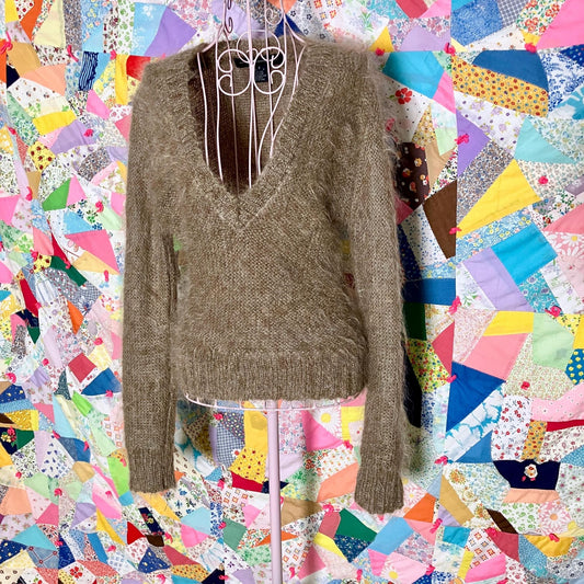 Vintage 90s y2k sweater | XS-S |  oat meal beige wool mohair wool blend fuzzy mock neck French Connection deep v neutral