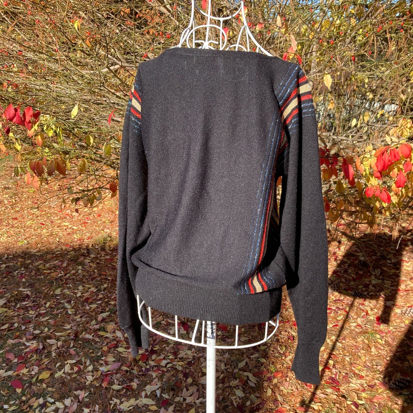 vintage 80s black sweater striped metallic sparkly gold red blue 1980s Liz Claiborne