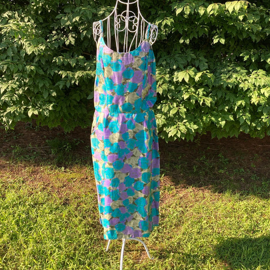Vintage 60s dress green purple floral |S - M| sheath Famous Fashions