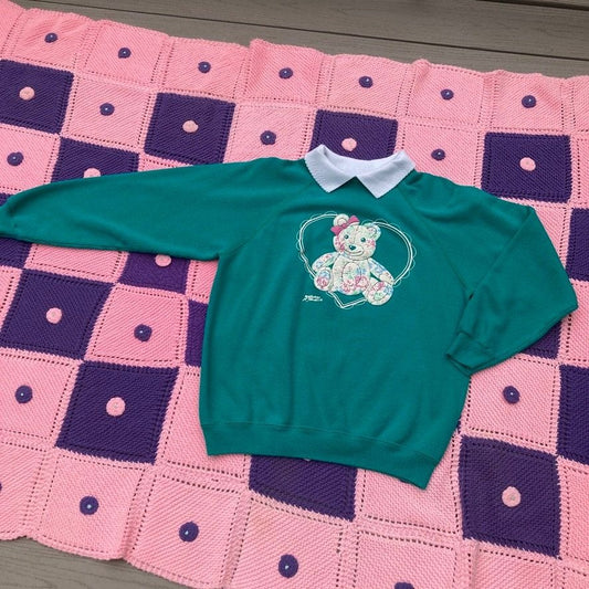 Vintage grandma 90s sweatshirt teddy bear pink teal | S - M |  soft 1990s Morning Sun puffy paint cute