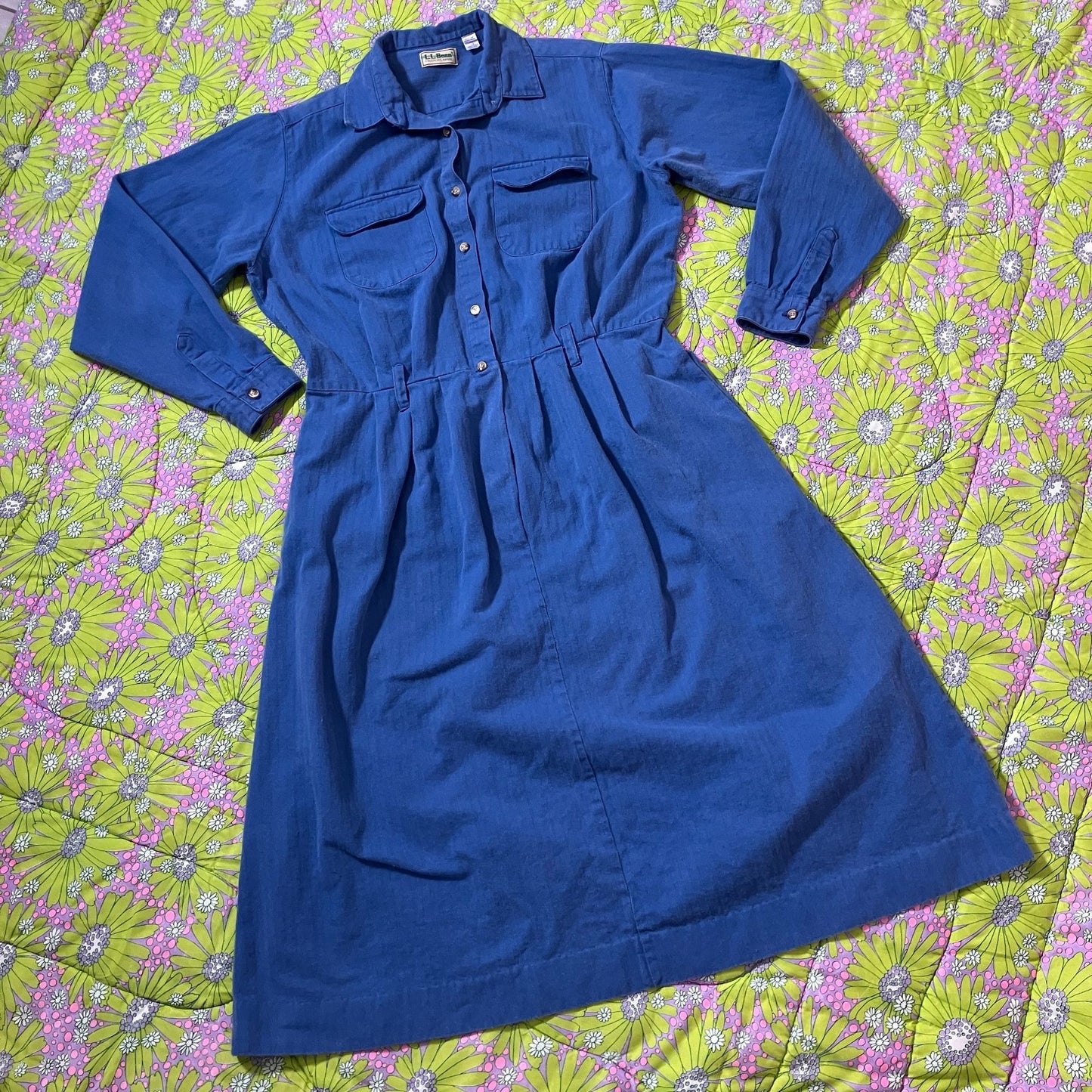 vintage 80s 90s LL Bean dress blue cotton  | L-XL | long sleeve cottage western farm homestead made in USA