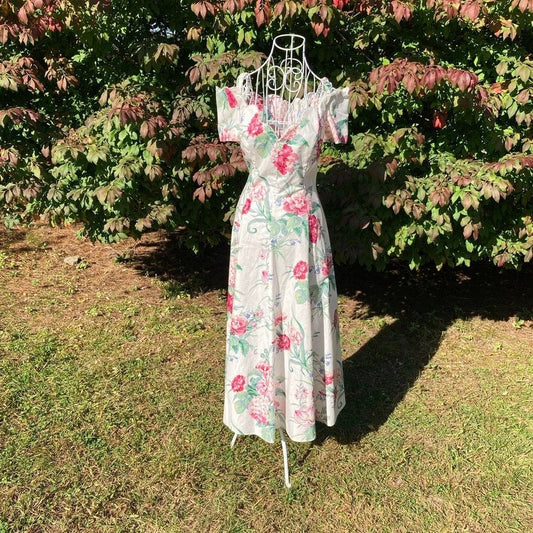 vintage 80s dress floral rose 1980s | cottage core |  pink white green | M | garden party cotton fit and flare Expo cotton
