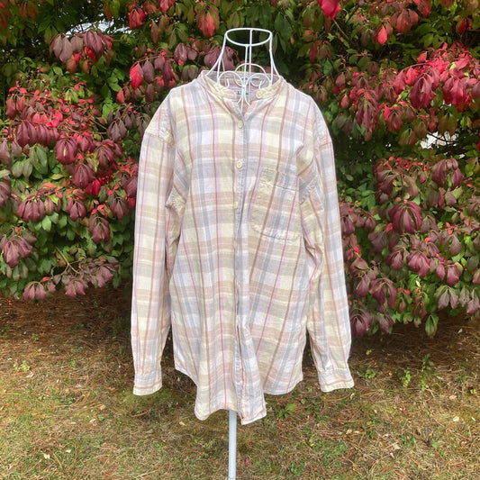 vintage LL Bean shirt plaid button up band collar top 90s linen cotton | M - L | 1990s purple yellow pastel cottage core