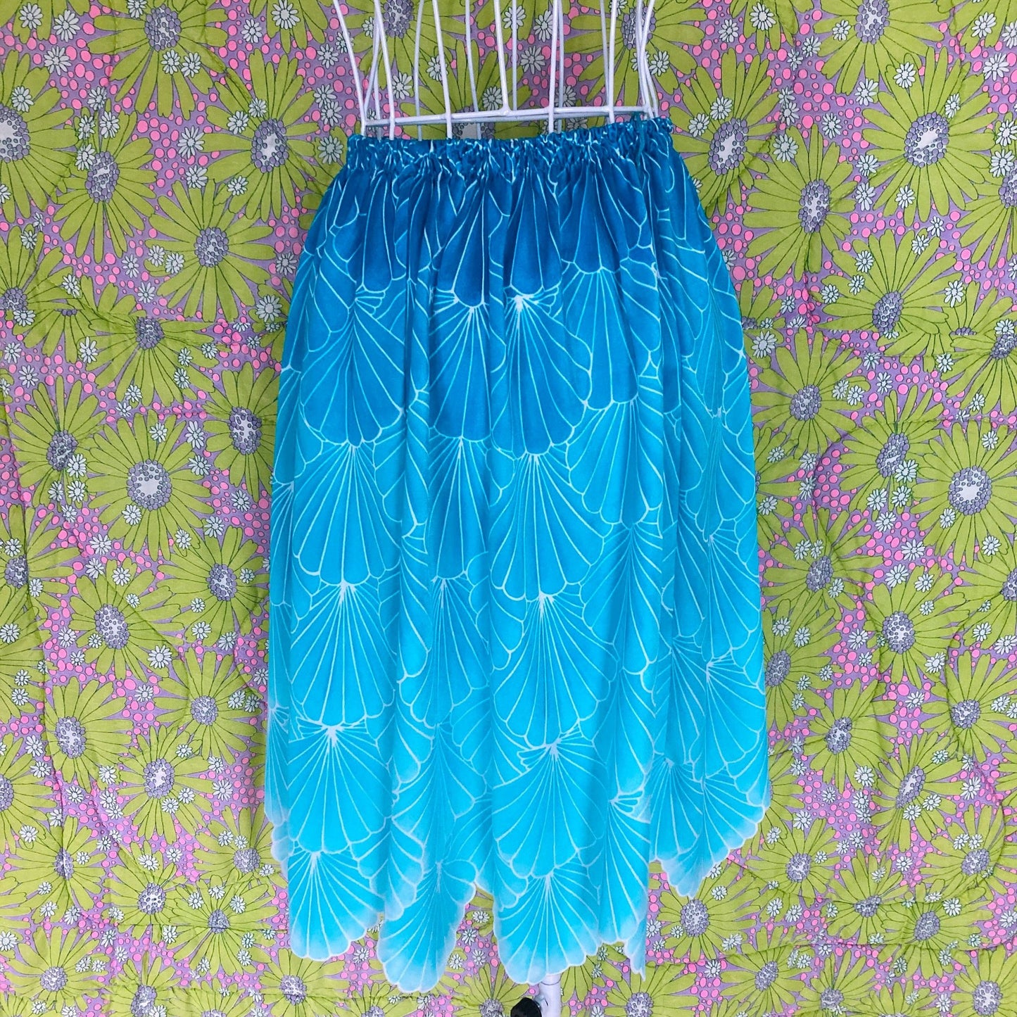 Vintage 70s skirt blue teal novelty shell print XS-M 1970s scallop swim beach DeWeese Design