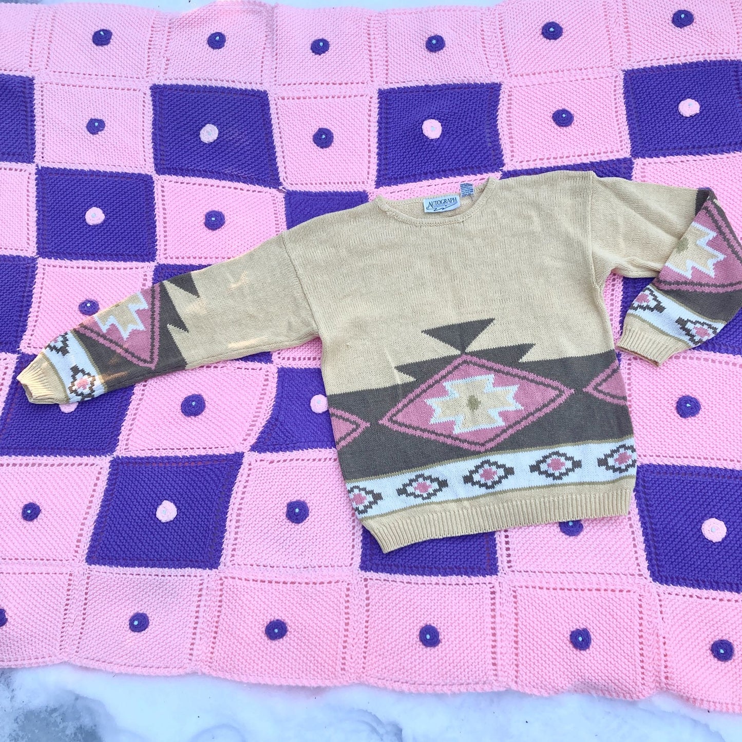 vintage 90s sweater  long sleeve pink tan light butter yellow 1990s geometric southwest mended repaired Autograph American Clothing