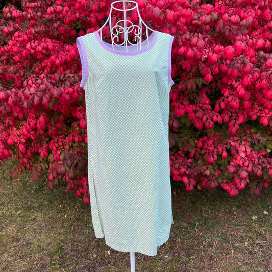 vintage house dress tunic 60s green purple white polka dot sleeveless