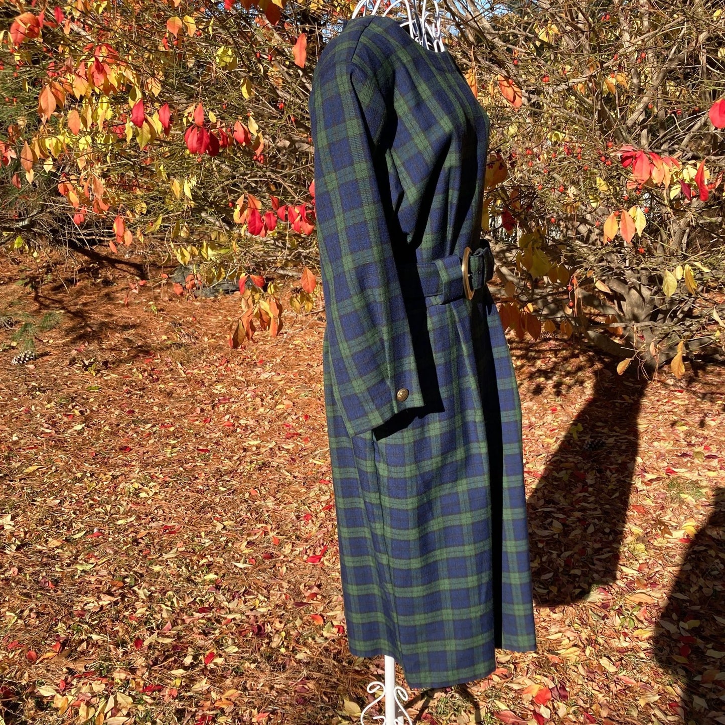 vintage plaid dress 80s | S-M | cottage blue green belted long sleeve career wear 1980s Clues Collections