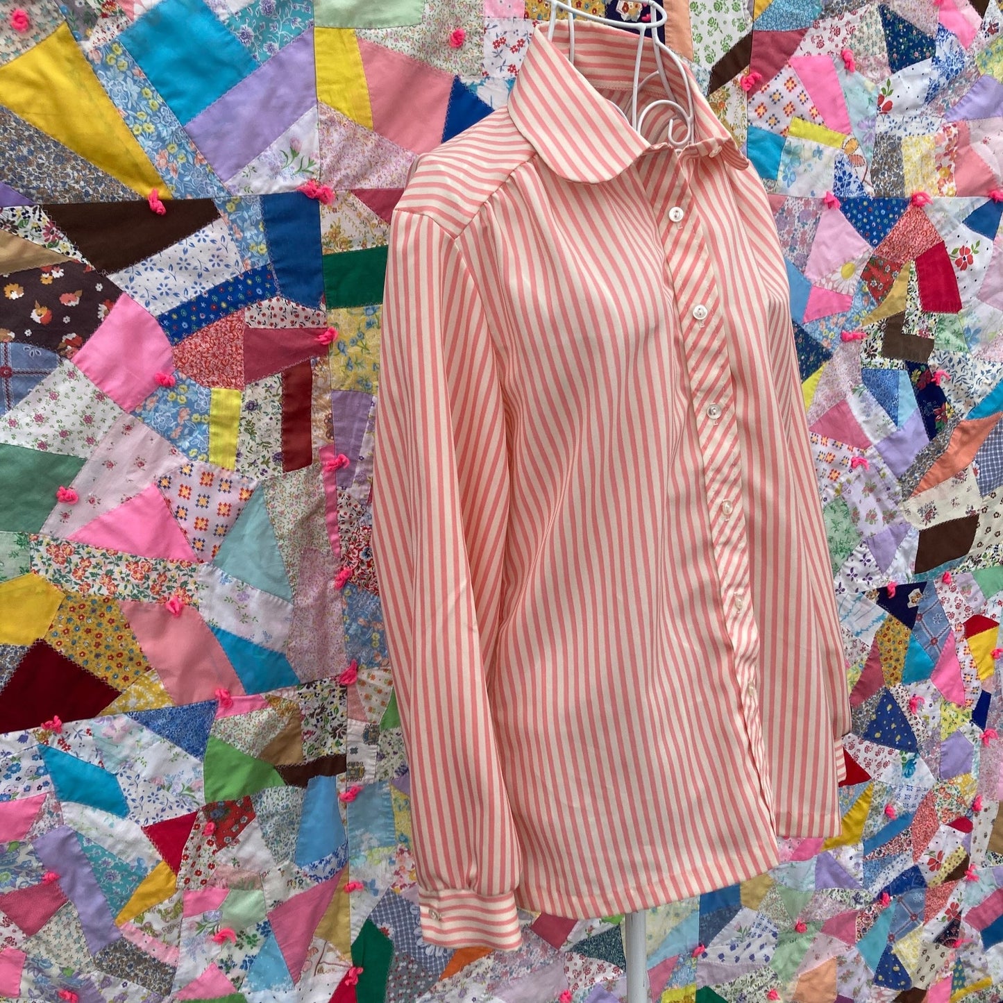 Vintage 70s top pink white |S - M| 1970s shirt blouse striped retro Peter Pan collar