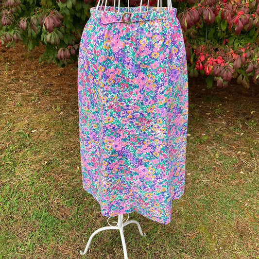 Vintage  70s floral skirt 1960s 1970s bright pink  white green purple colorful  Hunter Sportswear