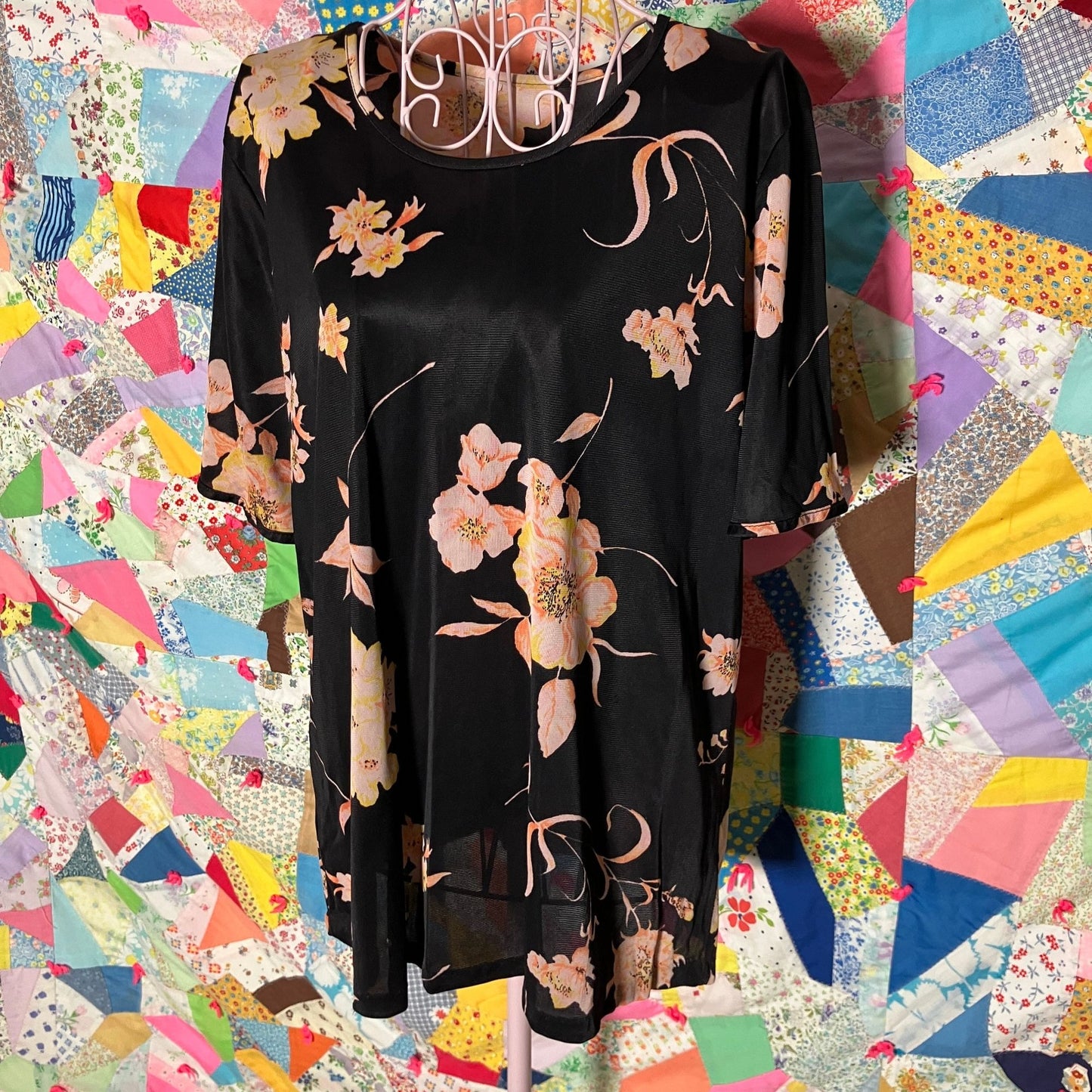 Vintage 60s 70s blouse shirt twin set | M | black floral sheer AS IS flawed 1970s collar collared