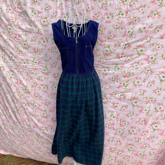 vintage plaid corduroy jumper dress 90s | M-L | cottage navy blue green western farmcore 1990s J.L. N.Y. Sport