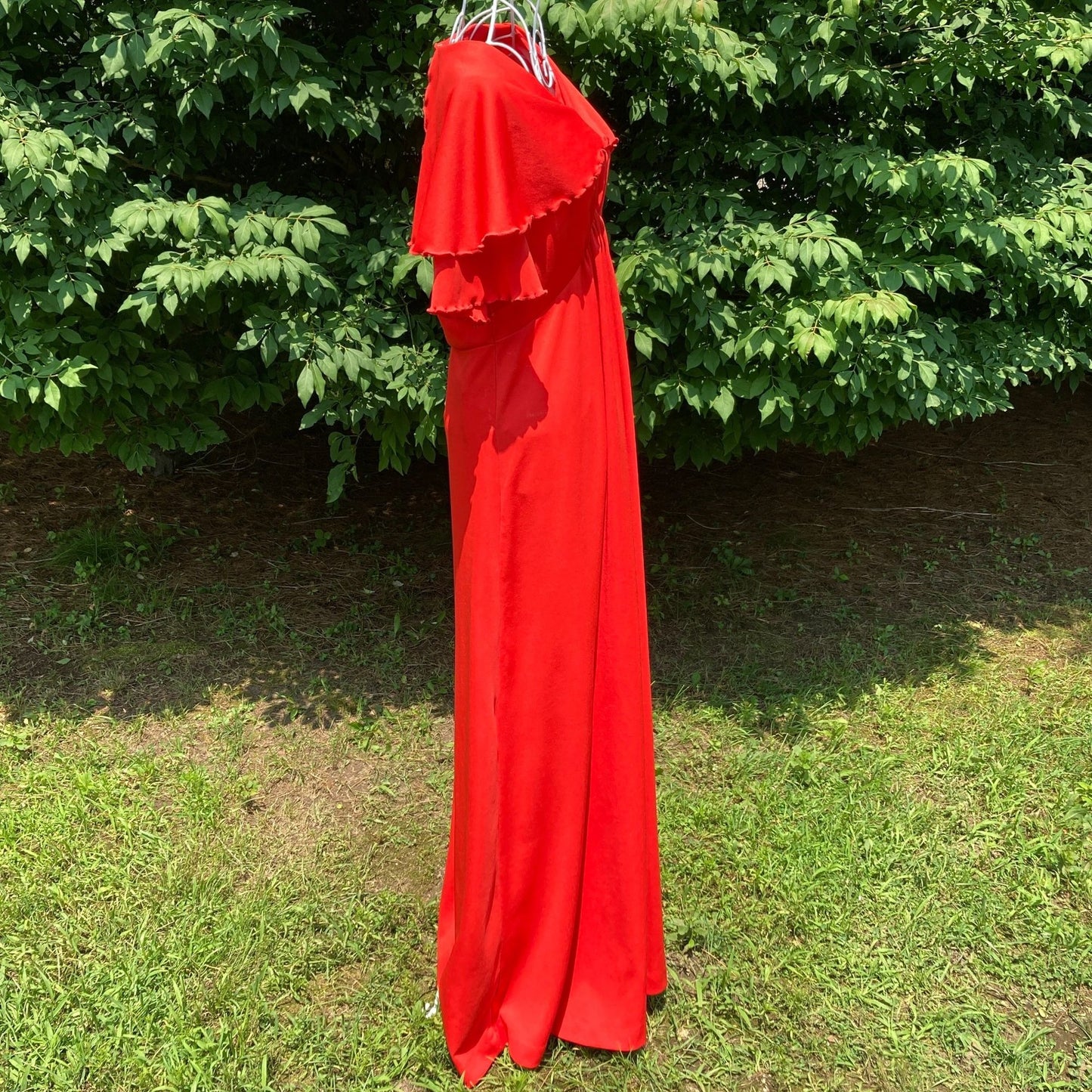 70s vintage maxi dress red XS-M 1970s party long Sears flutter sleeve lettuce hem emprire waist