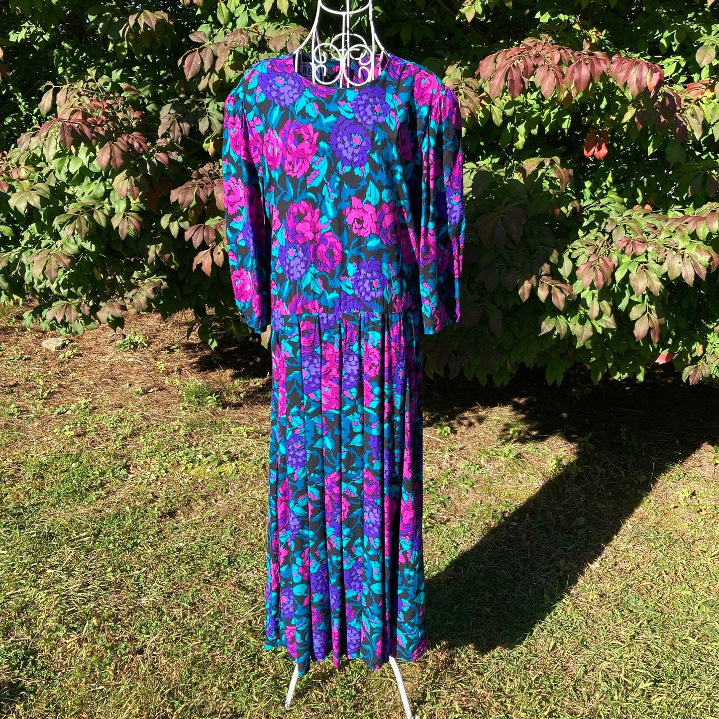 Vintage 80s dress midi |  M | 1980s cottage dark floral purple pink teal western rayon R.E.O. Originals ILGWU union made