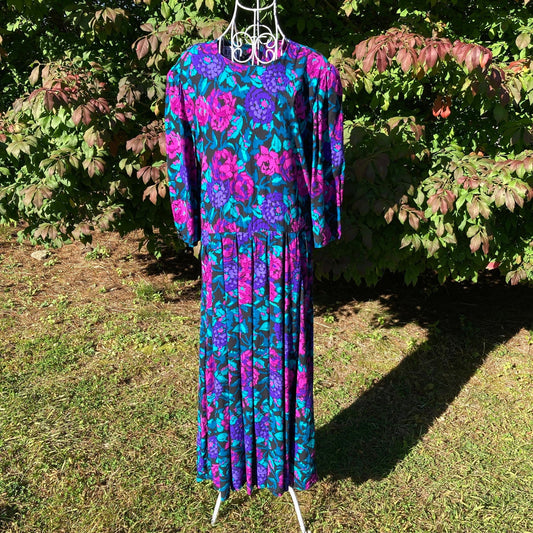 Vintage 80s dress midi |  M | 1980s cottage dark floral purple pink teal western rayon R.E.O. Originals ILGWU union made