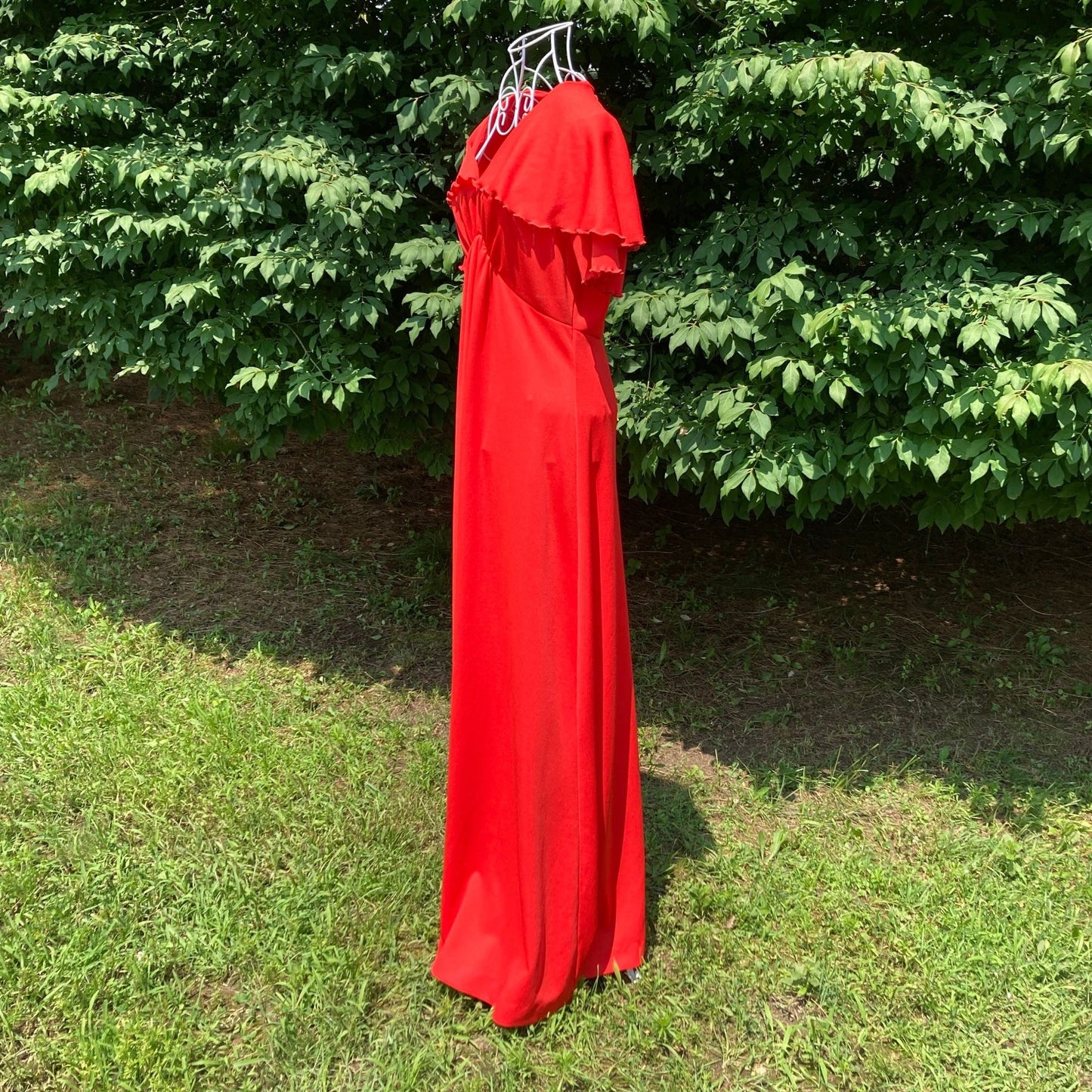 70s vintage maxi dress red XS-M 1970s party long Sears flutter sleeve lettuce hem emprire waist