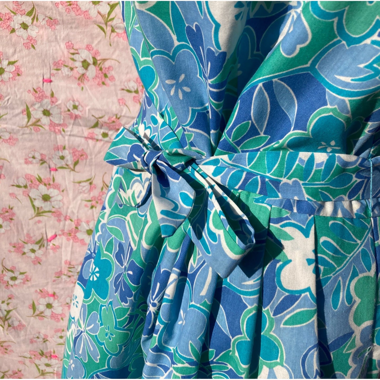 Vintage 70s dress blue teal floral print | M-L| 1970s floral swim beach Sea Waves