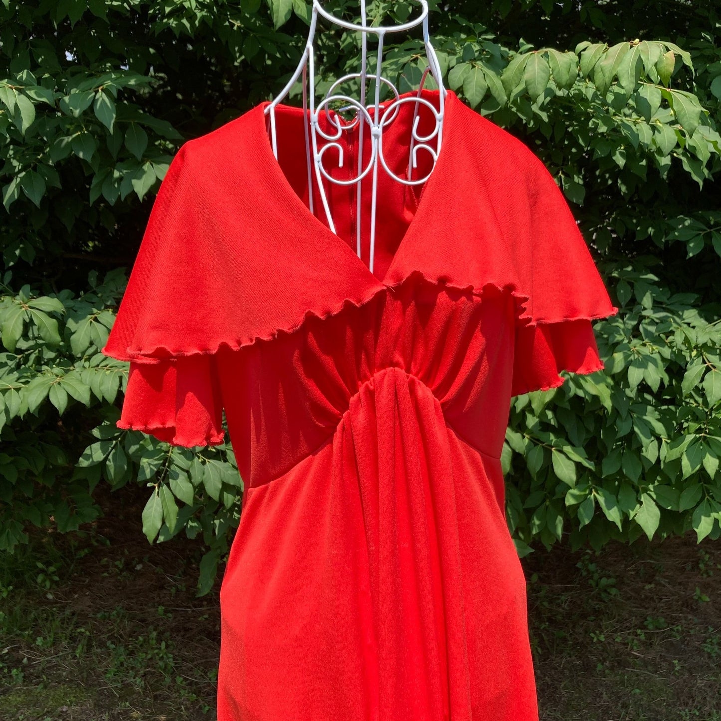 70s vintage maxi dress red XS-M 1970s party long Sears flutter sleeve lettuce hem emprire waist
