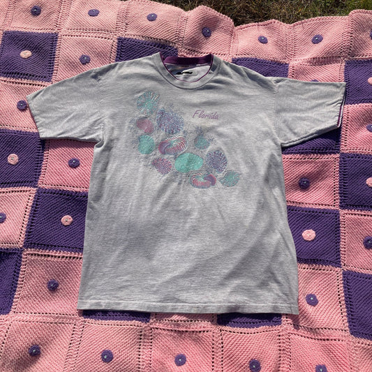 Vintage florida t shirt | M-L | 90s  souvenir destination grandma double collar sea shells glitter puffy paint Sea Rags