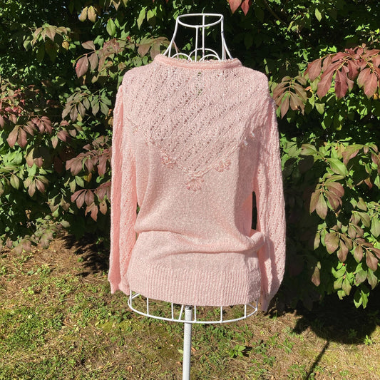 Vintage 80s 90s  sweater pastel pink beaded 1990s fairy kei kawaii crochet Exclusive Imports