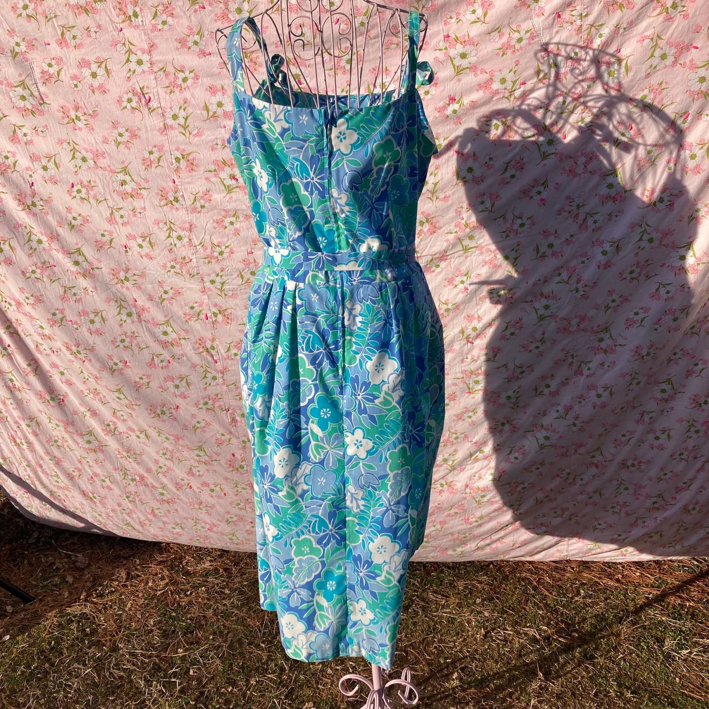 Vintage 70s dress blue teal floral print | M-L| 1970s floral swim beach Sea Waves
