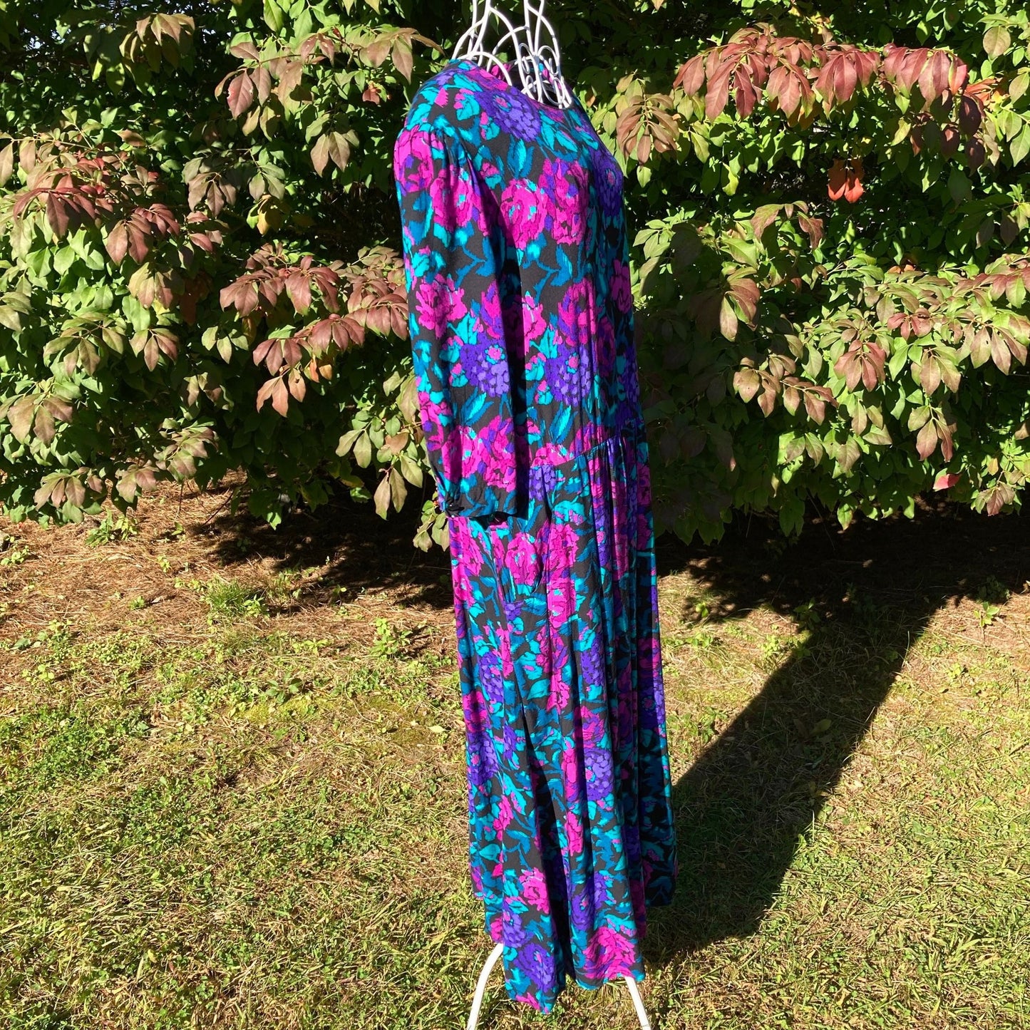 Vintage 80s dress midi |  M | 1980s cottage dark floral purple pink teal western rayon R.E.O. Originals ILGWU union made