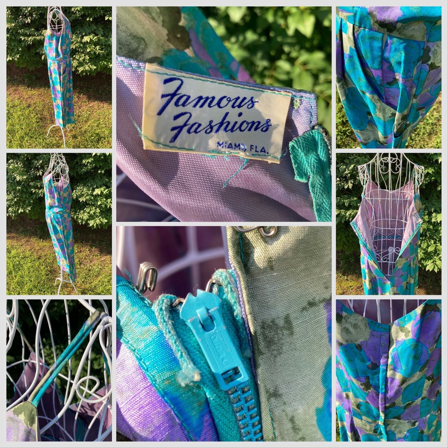 Vintage 60s dress green purple floral |S - M| sheath Famous Fashions