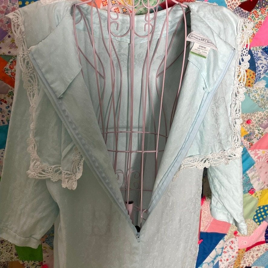 vintage 80s Jessica McClintock dress pastel blue bib collar | M - L | crochet lace floral polka dot