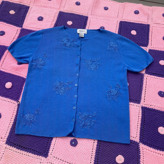 Vintage grandma cardigan floral knit sweater short sleeve top M blue beaded flowers 90s Jenny embroidered