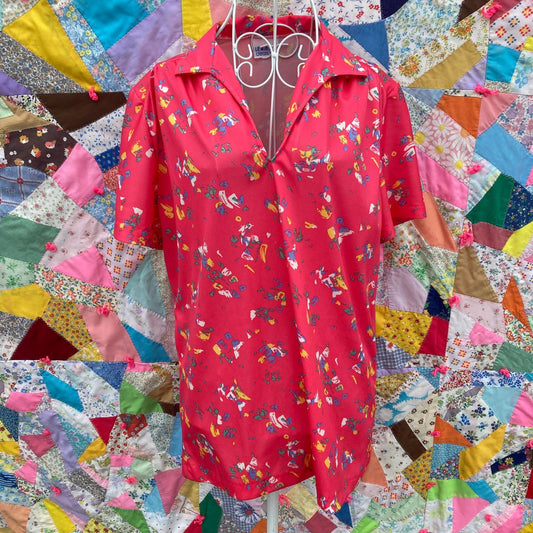 Vintage 70s top blouse collar 1970s short sleeve pink abstract Lewmar Creations