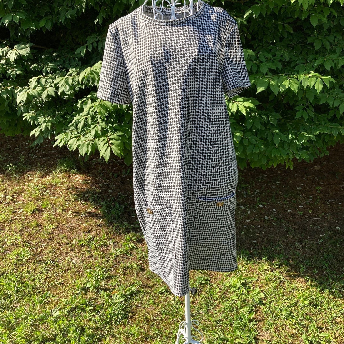 Vintage 70s dress 1970s  houndstooth |S-M| black white shift