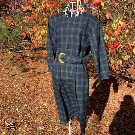 vintage plaid dress 80s | S-M | cottage blue green belted long sleeve career wear 1980s Clues Collections