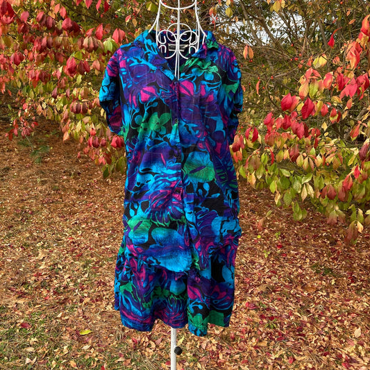 Vintage 80s 90s shorts and top matching set | XS-S  |  black green blue purple cotton  floral two piece 1980s Contrasts