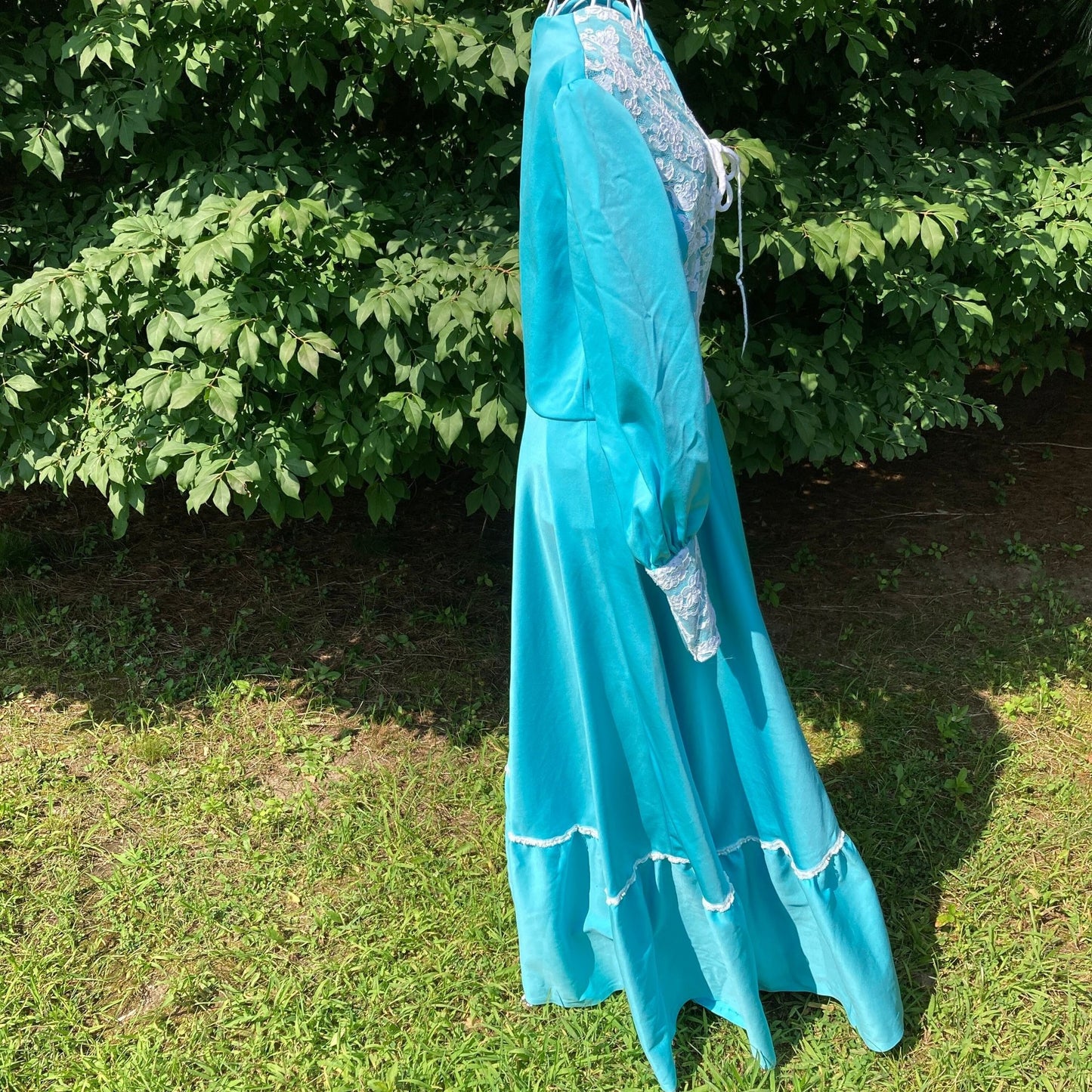 Vintage 70s prairie dress 1970s | S-M | pastel teal maxi balloon bishop sleeve lace