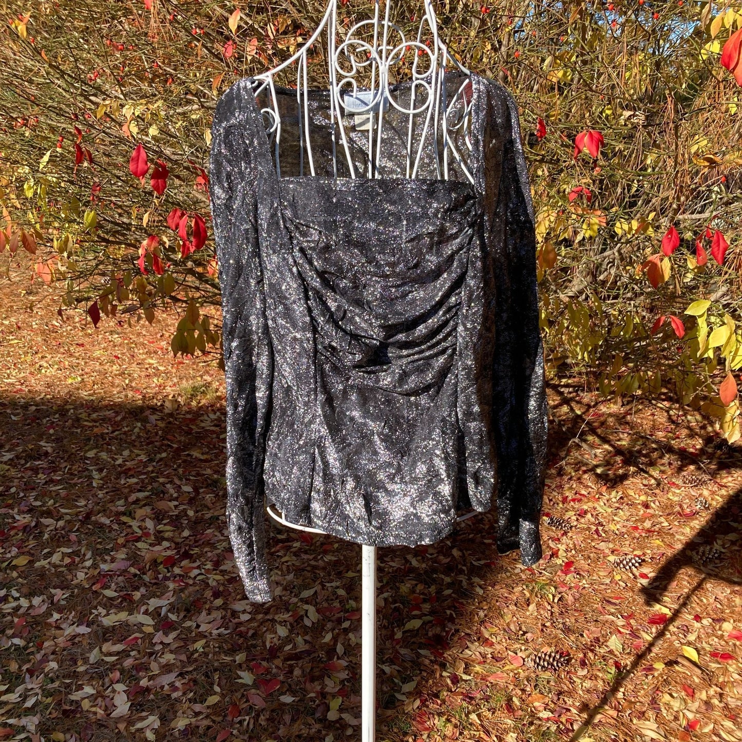 Vintage 90s top  sparkly silver black glitter metallic 1990s party festive sheer square neck ruched Hanky Panky