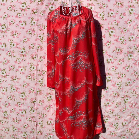 vintage dress 70s | S-M |  coral pink abstract floral 1970s Sherri Lynn white teal