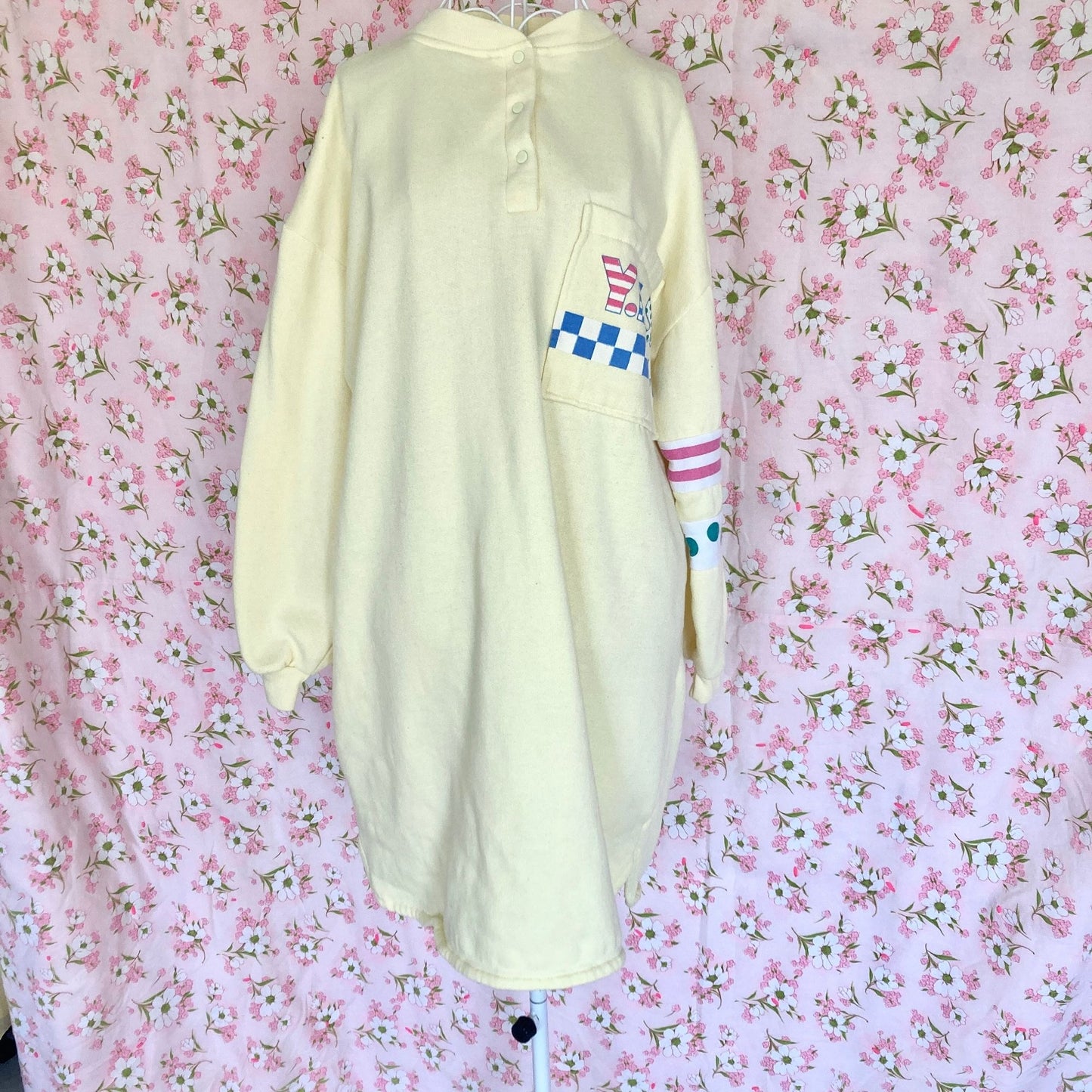Vintage 80s 90s pastel yellow sweatshirt long | M - L | striped polka dogs Y.E.S. Jodie Arden