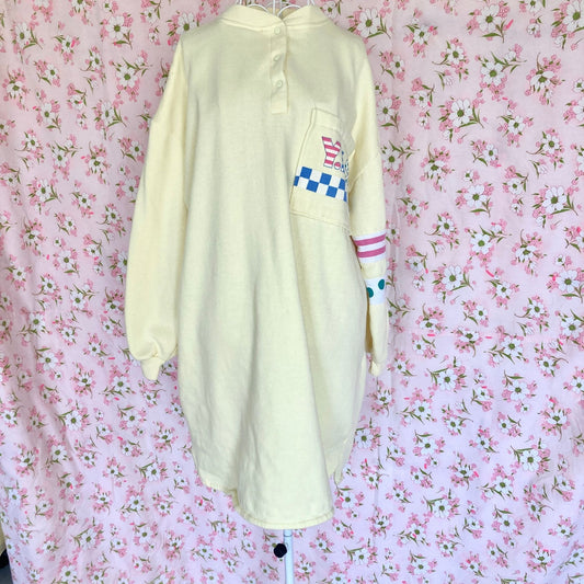 Vintage 80s 90s pastel yellow sweatshirt long | M - L | striped polka dogs Y.E.S. Jodie Arden